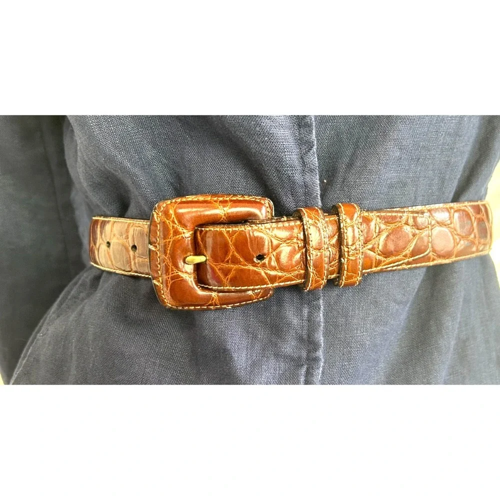 1990s Calfskin Leather Croc Belt Size Small Brown Embossed Made in USA NEW